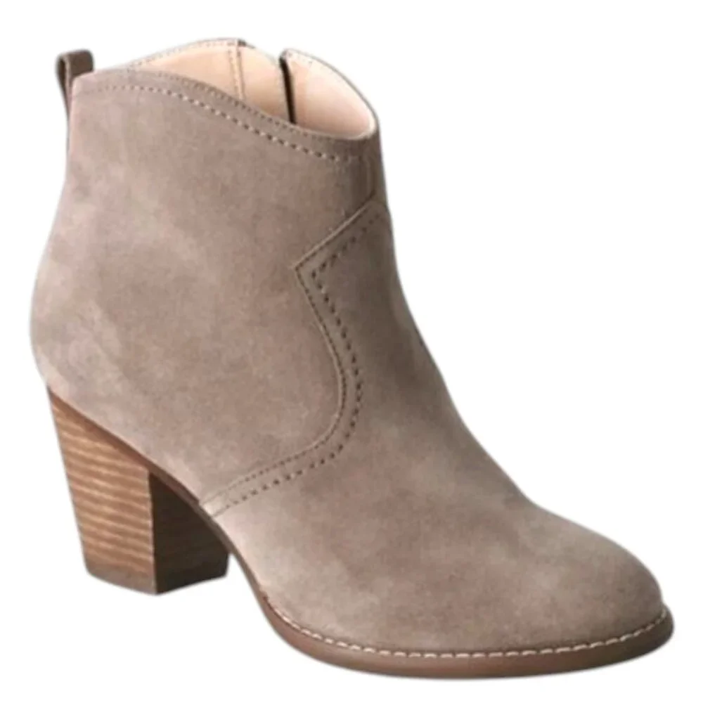 Lands' End Women's Harris Taupe Suede Side Zip Faux Wooden Heel Ankle Bootie